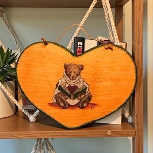Vintage Handpainted Wooden Heart Bear Reading Book Wall Hanging Plaque Decor